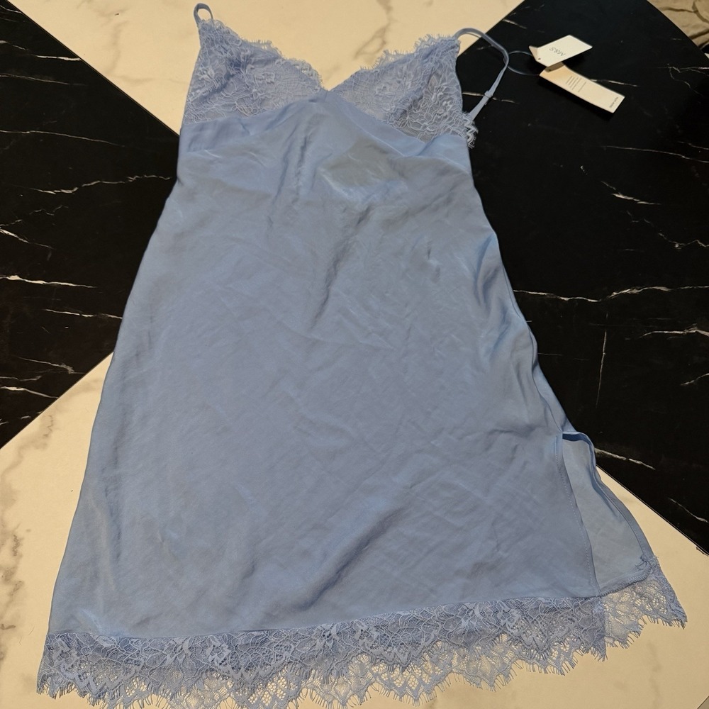 M&S Dream Satin Strappy Lace Chemise Nightdress UK 8 Blue RRP £28 NEW WITH TAGS